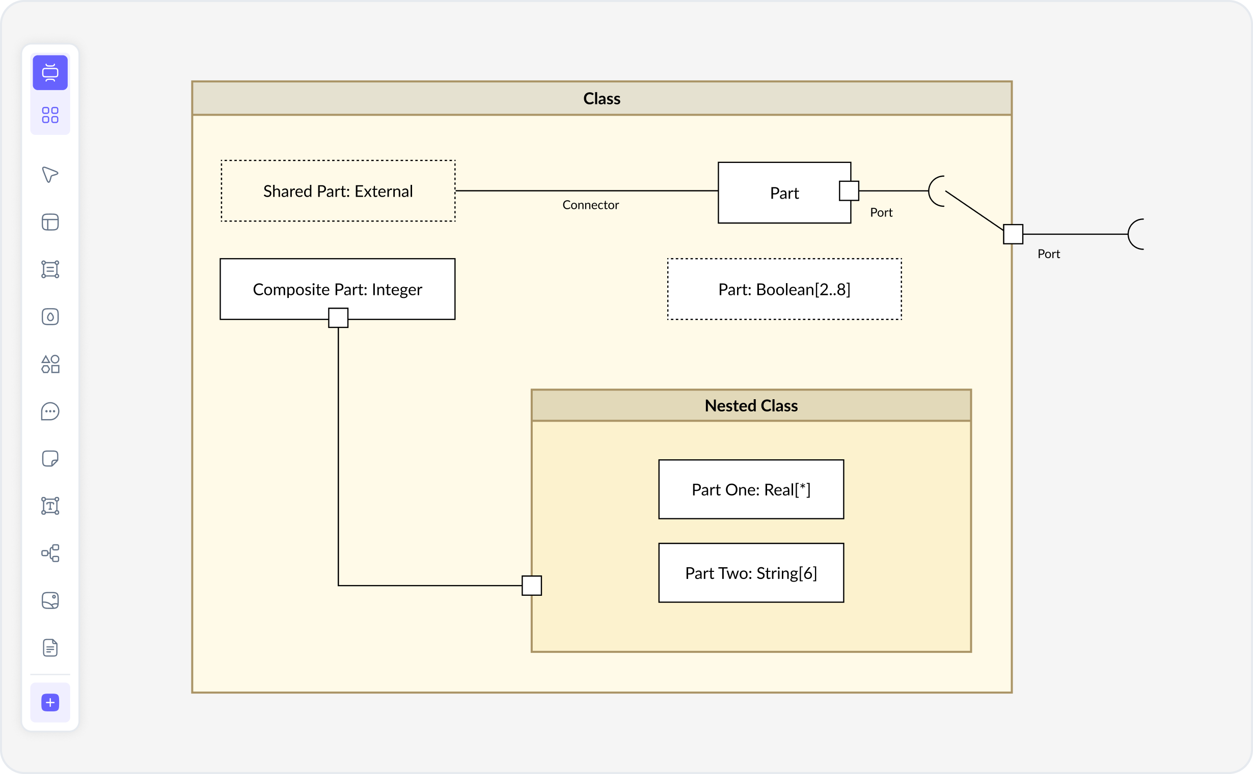O que é um diagrama de estrutura composta — exemplo UML mostrando partes, portas, conectores e notação de multiplicidade