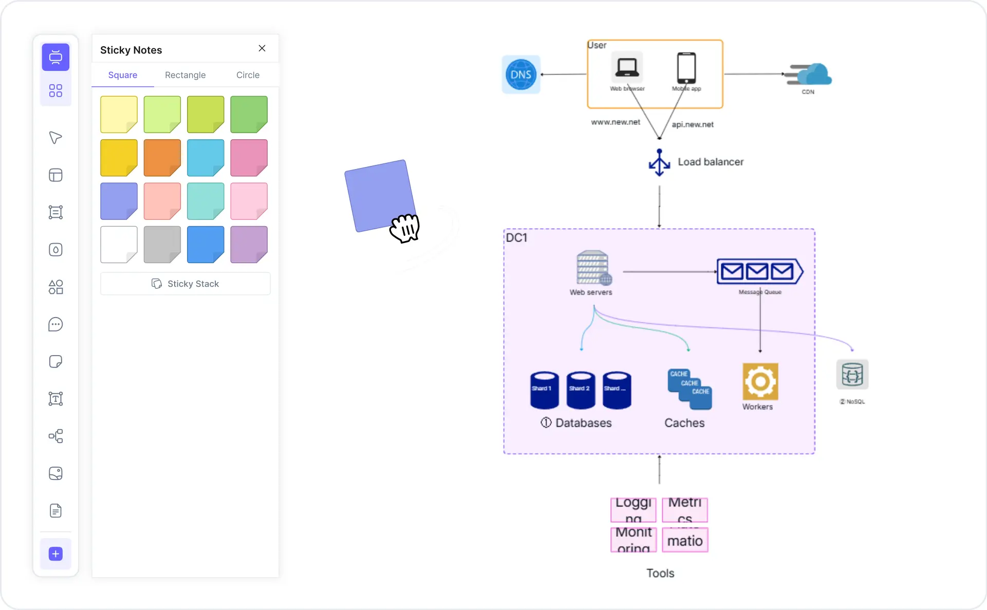 What is a system design diagram — example showing a Twitter-like system with load balancer, app servers, cache, and database