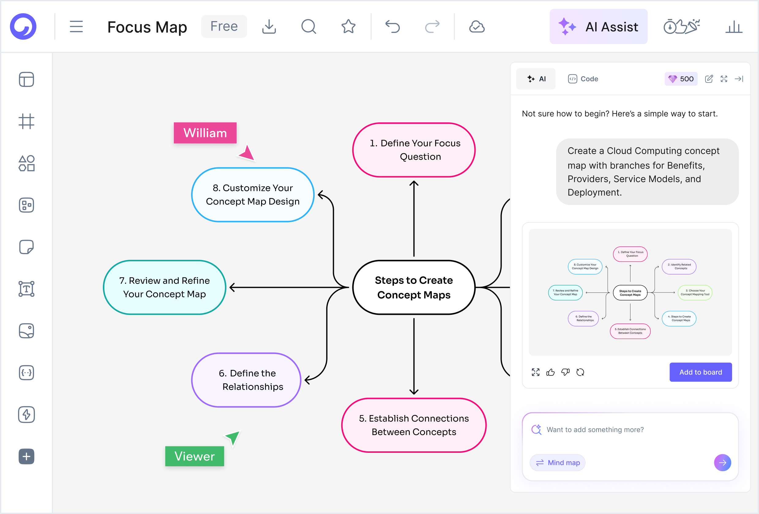 Interface do gerador de mapa conceitual com IA mostrando n�s conectados