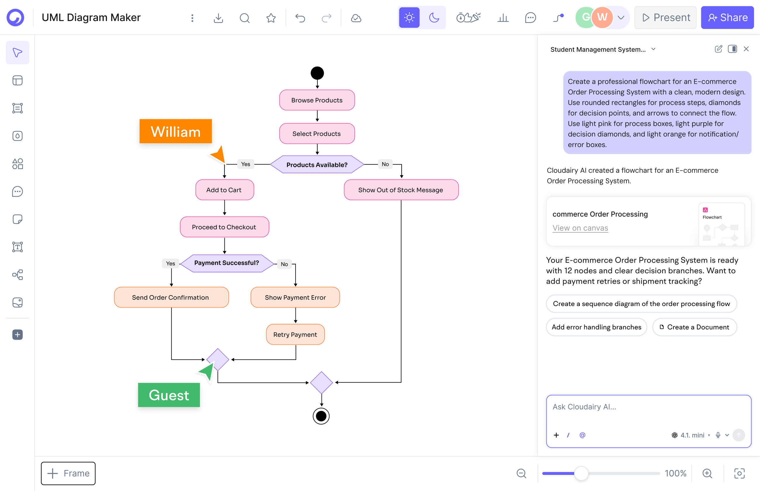 Cloudairy AI workspace generating an editable diagram from a text prompt