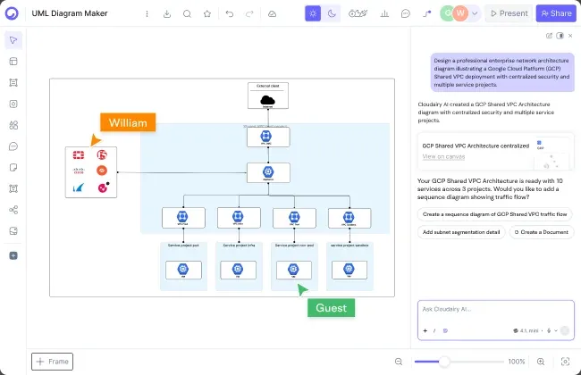 Cloudairy AI workspace generating an editable diagram from a text prompt