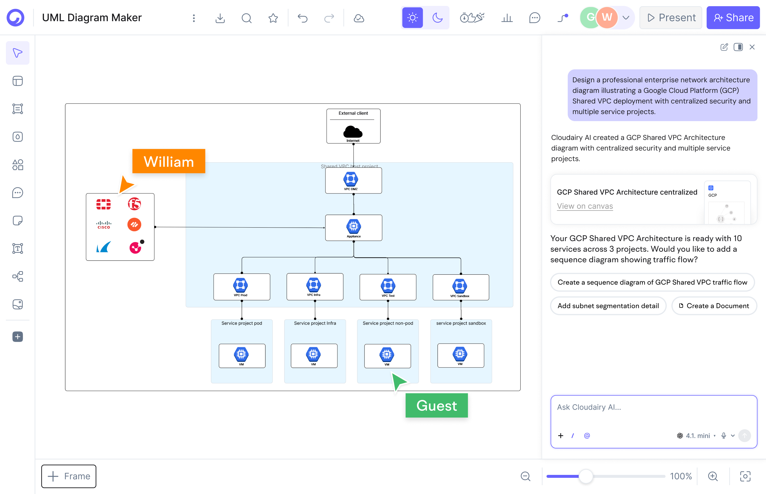 Cloudairy AI workspace generating an editable diagram from a text prompt