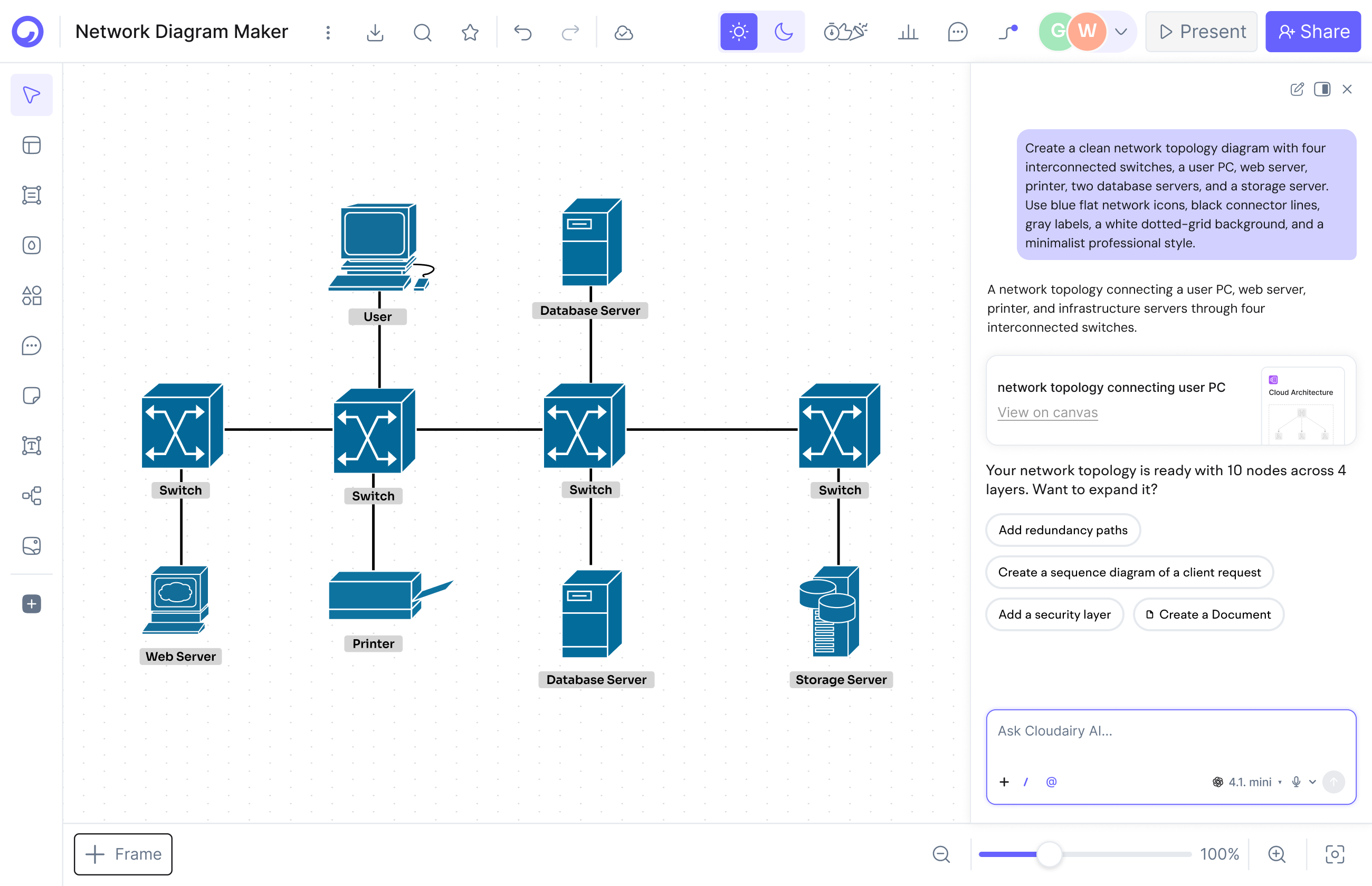 Cloudairy AI workspace generating an editable diagram from a text prompt
