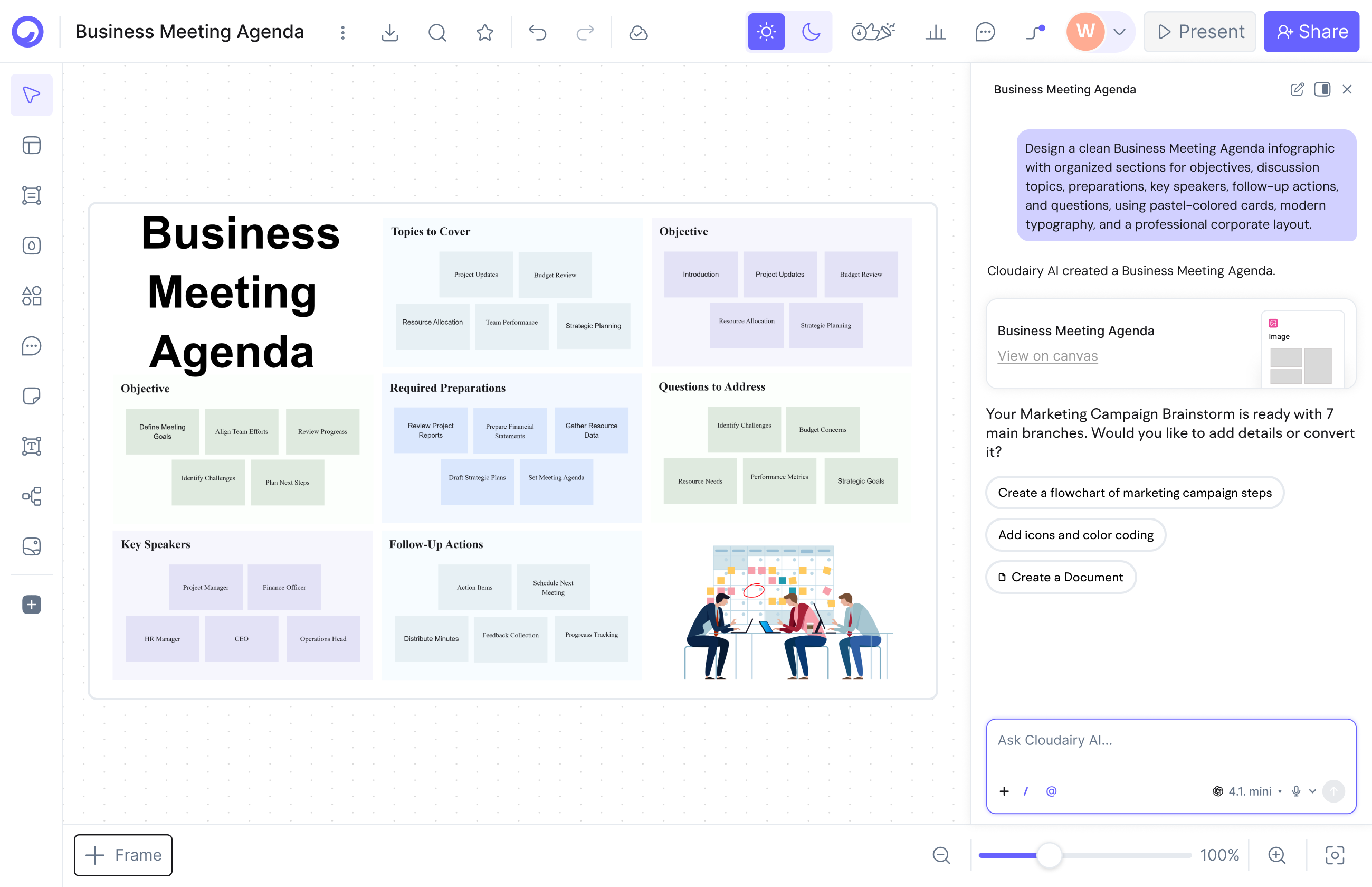 Cloudairy AI workspace generating an editable diagram from a text prompt