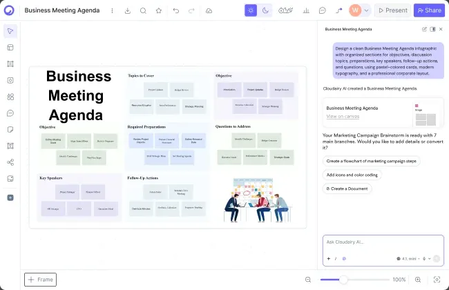 Cloudairy AI workspace generating an editable diagram from a text prompt