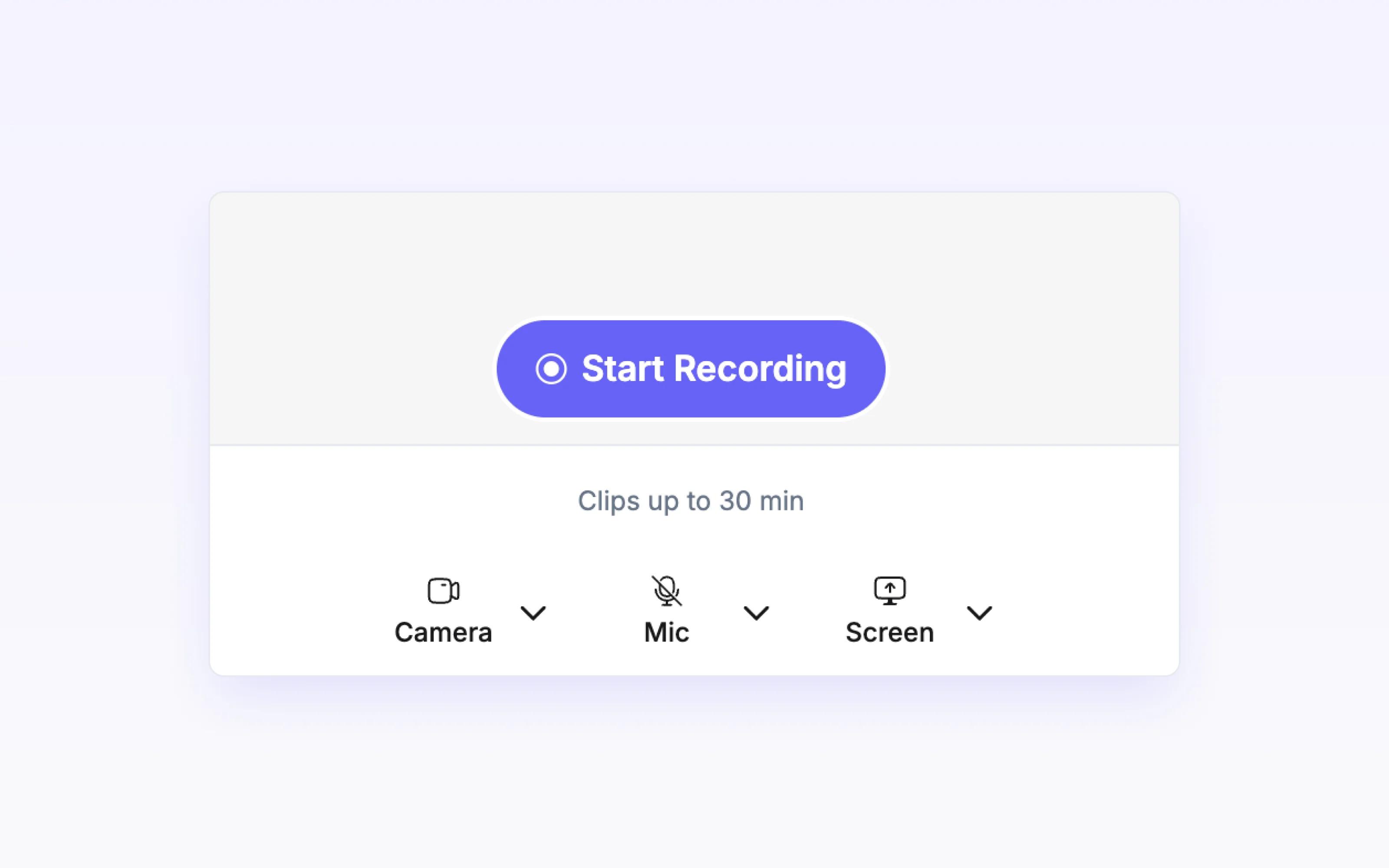 The Cloudairy Clips recorder with Start Recording and camera, mic and screen pickers