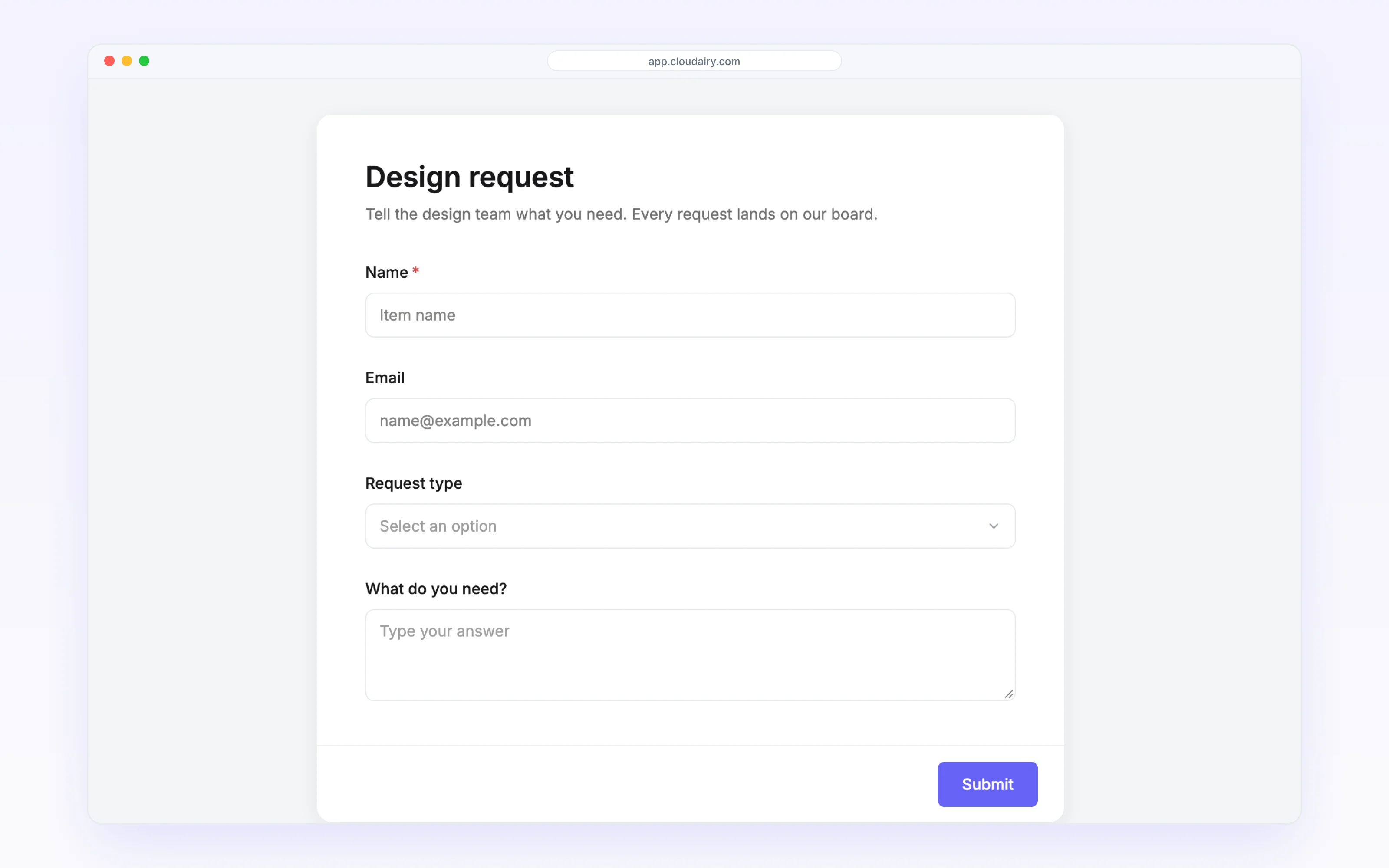 A Cloudairy design request form with name, email, request type and details fields