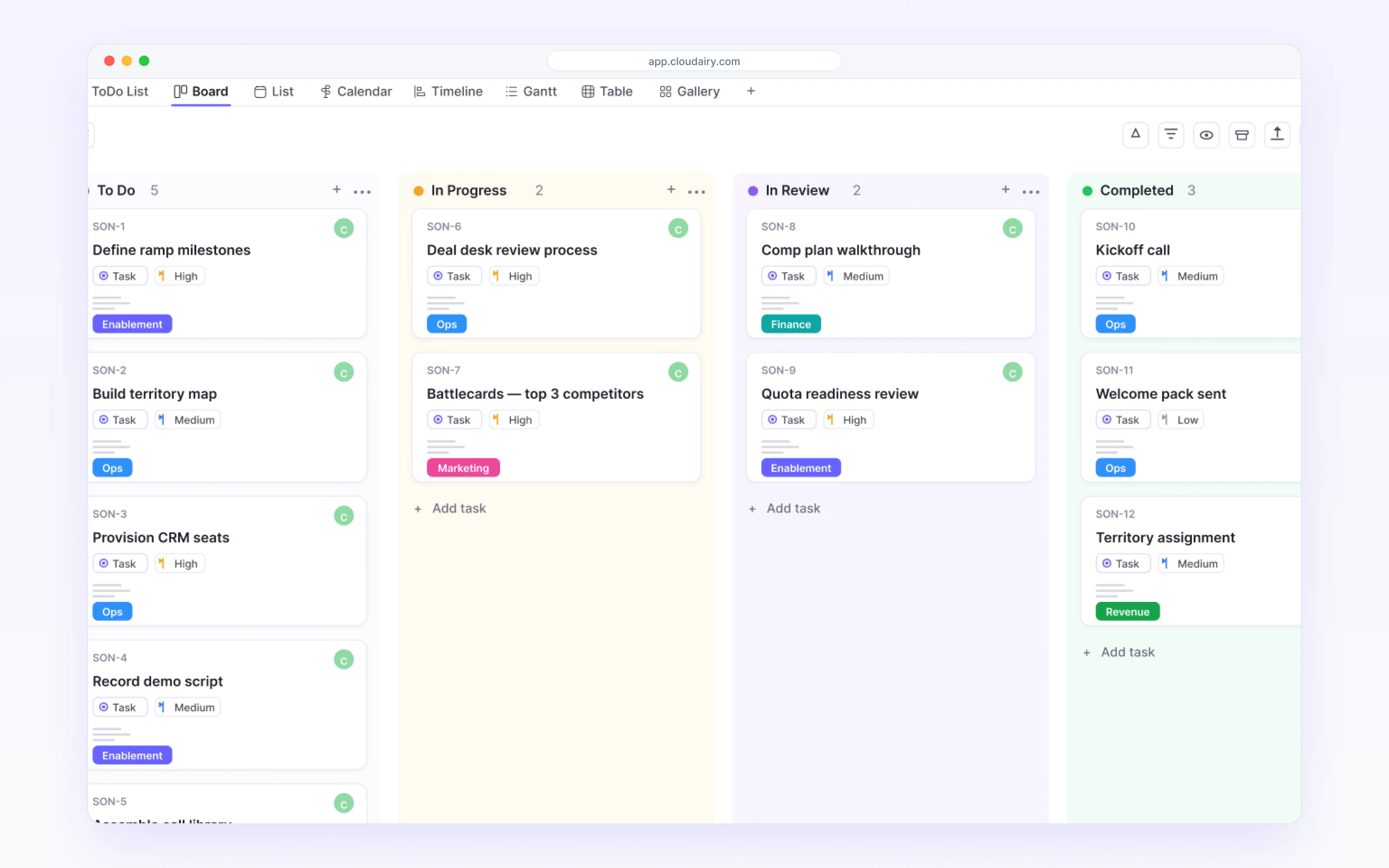 A Cloudairy project board where form submissions arrive as tasks