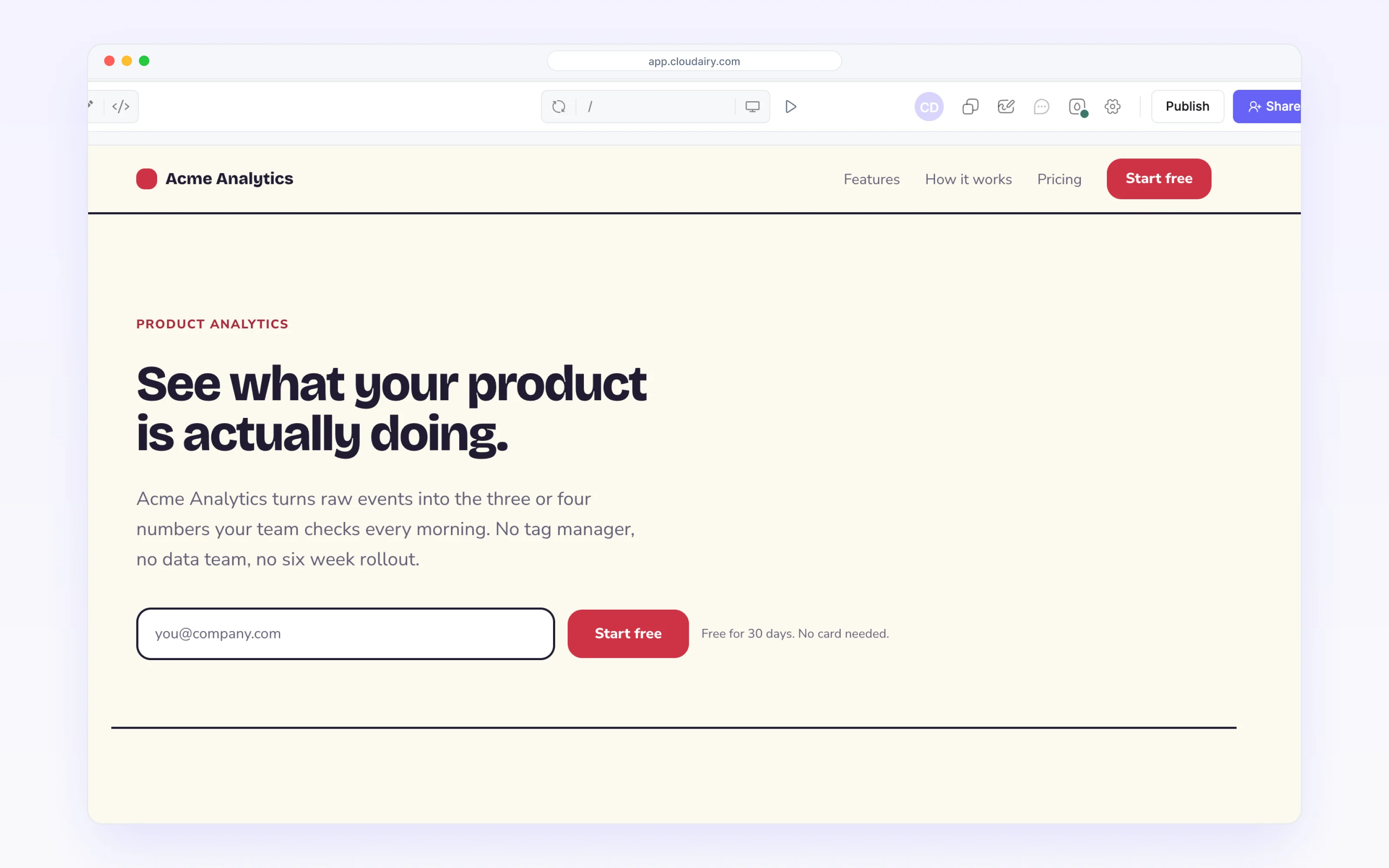 The Cloudairy Sites builder previewing a landing page, with Publish and Share