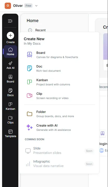 The Create menu with all content types