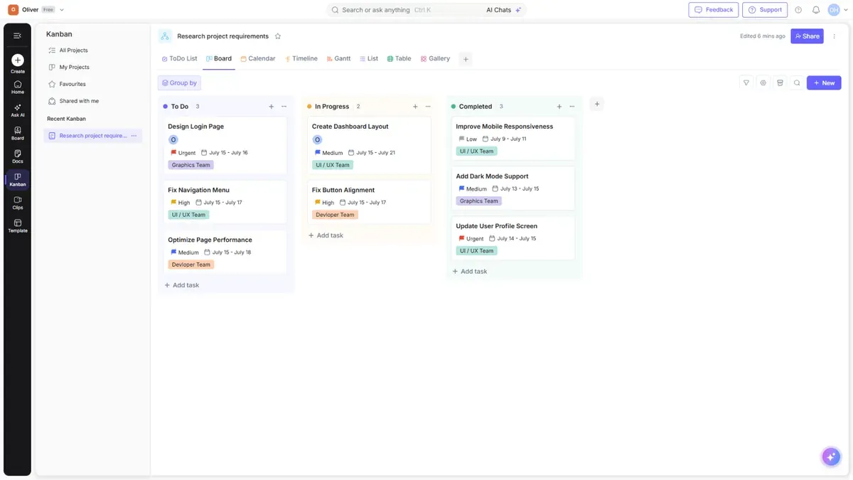 A Kanban board with columns and cards