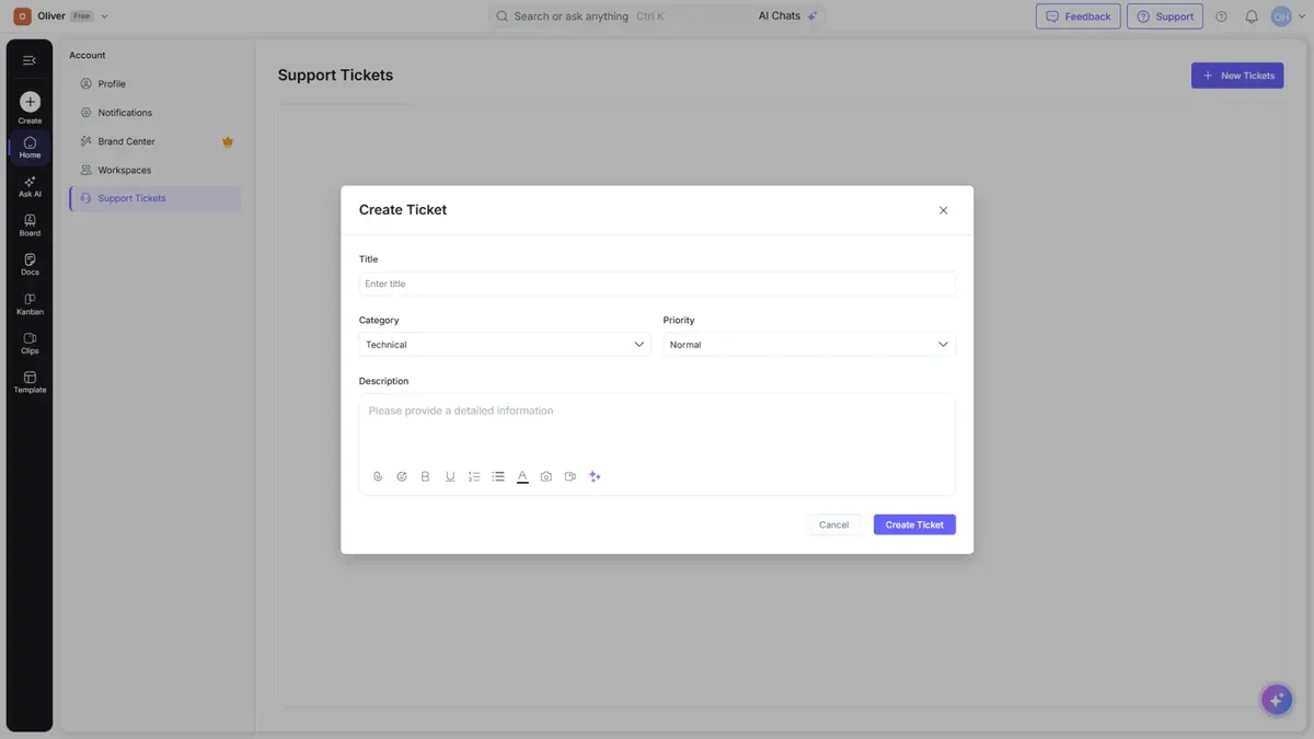 The Support Tickets page