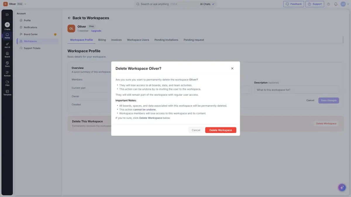 Deleting a workspace